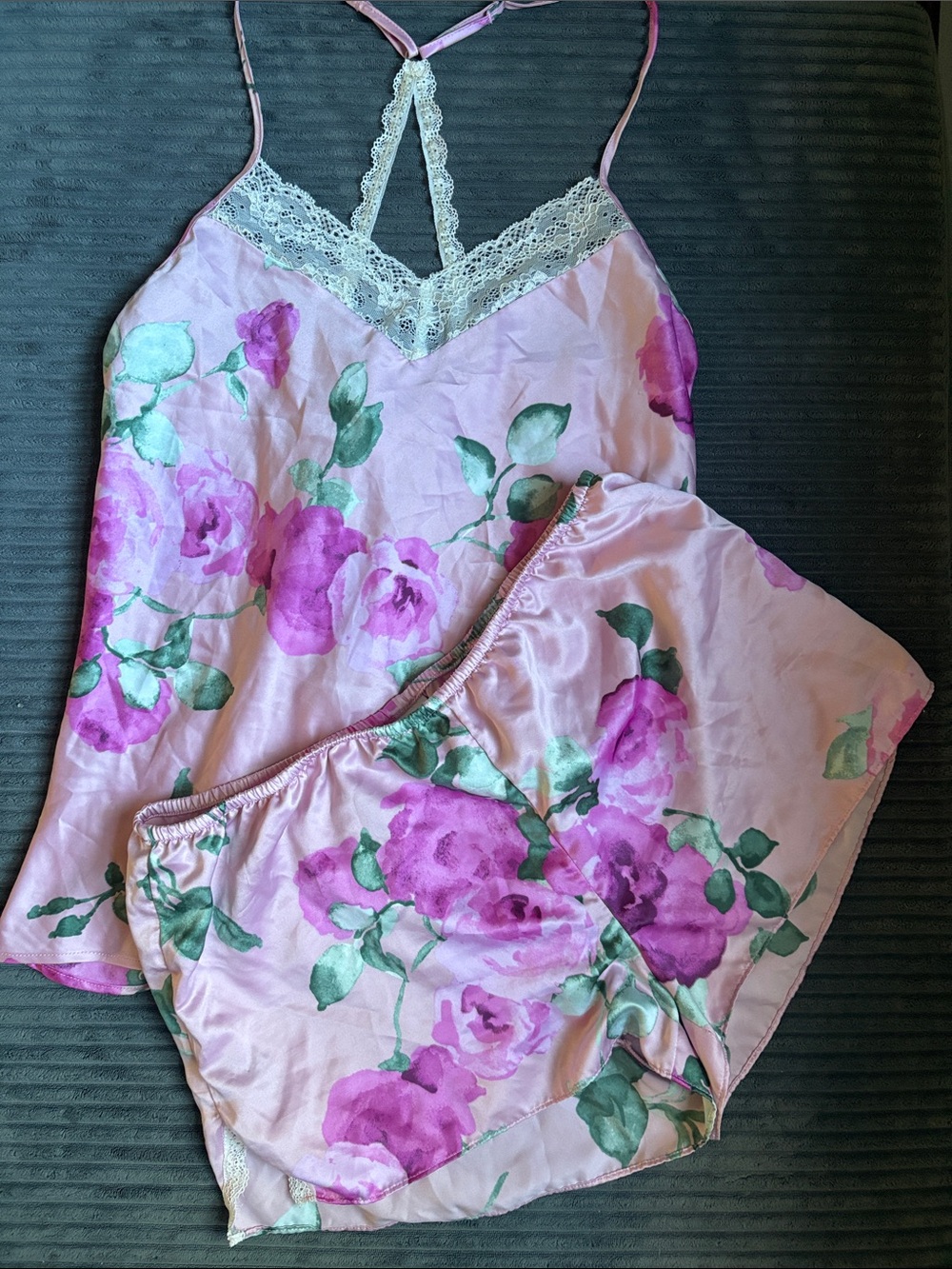 Floral Lace-Trim Pink Satin Cami & Short Sleep Set